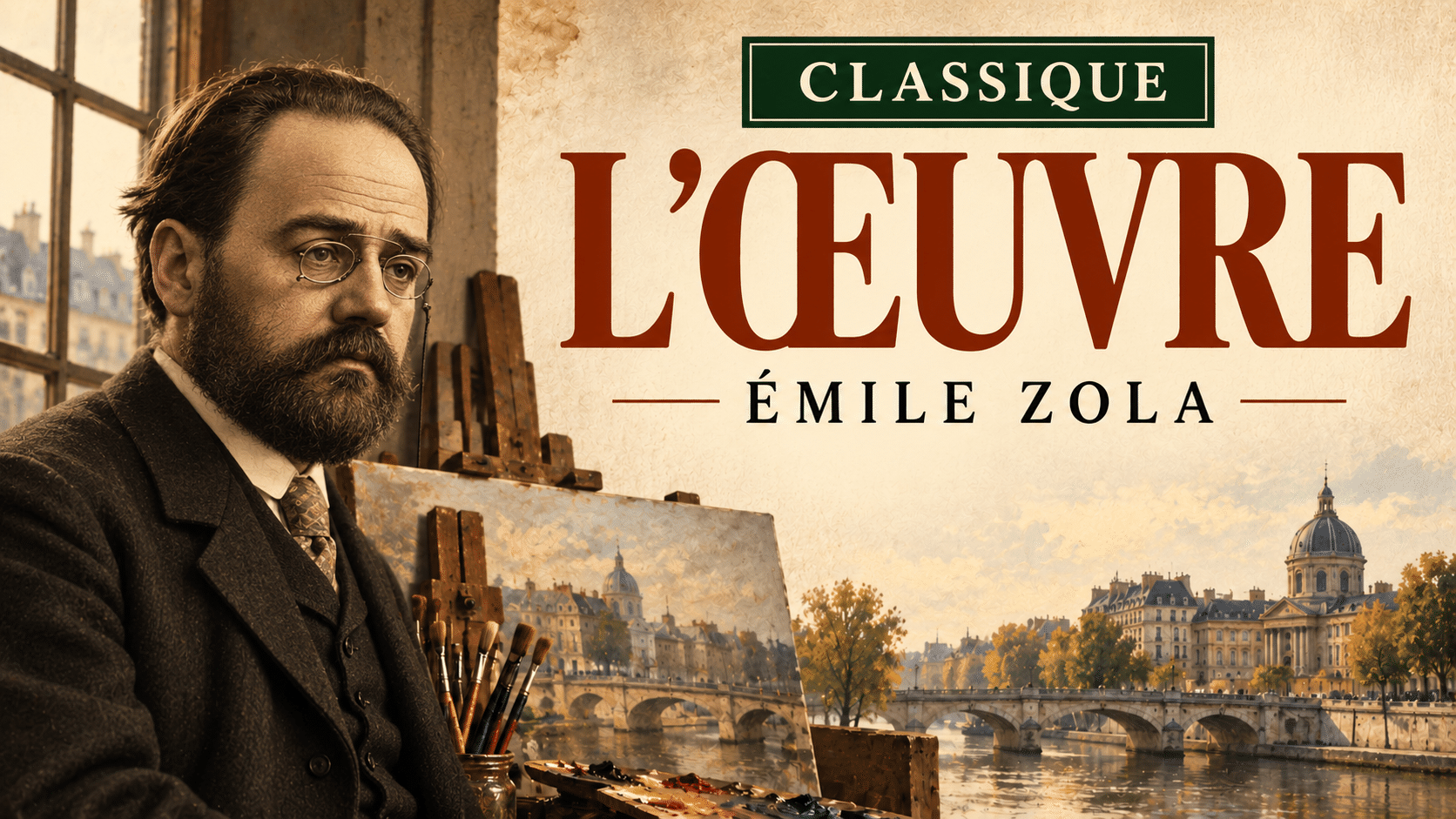 L’Œuvre, classique d’Émile Zola : portrait de l’écrivain, atelier de peinture et vue de Paris.