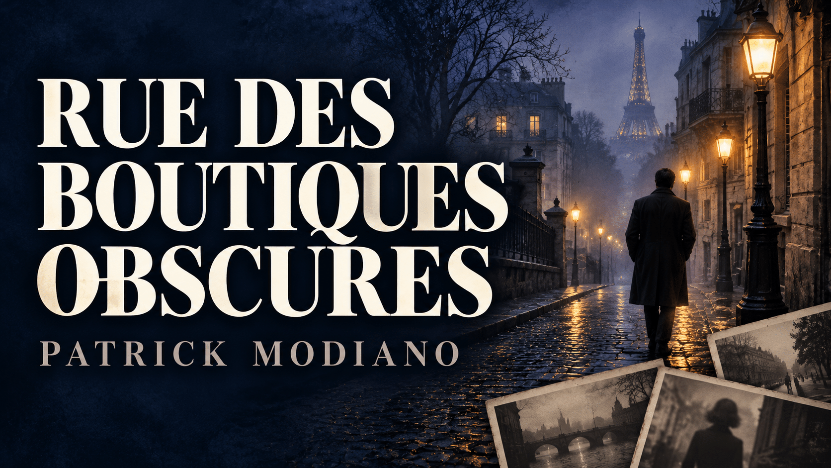 Rue des Boutiques obscures, de Patrick Modiano : une rue parisienne nocturne et des photographies anciennes.