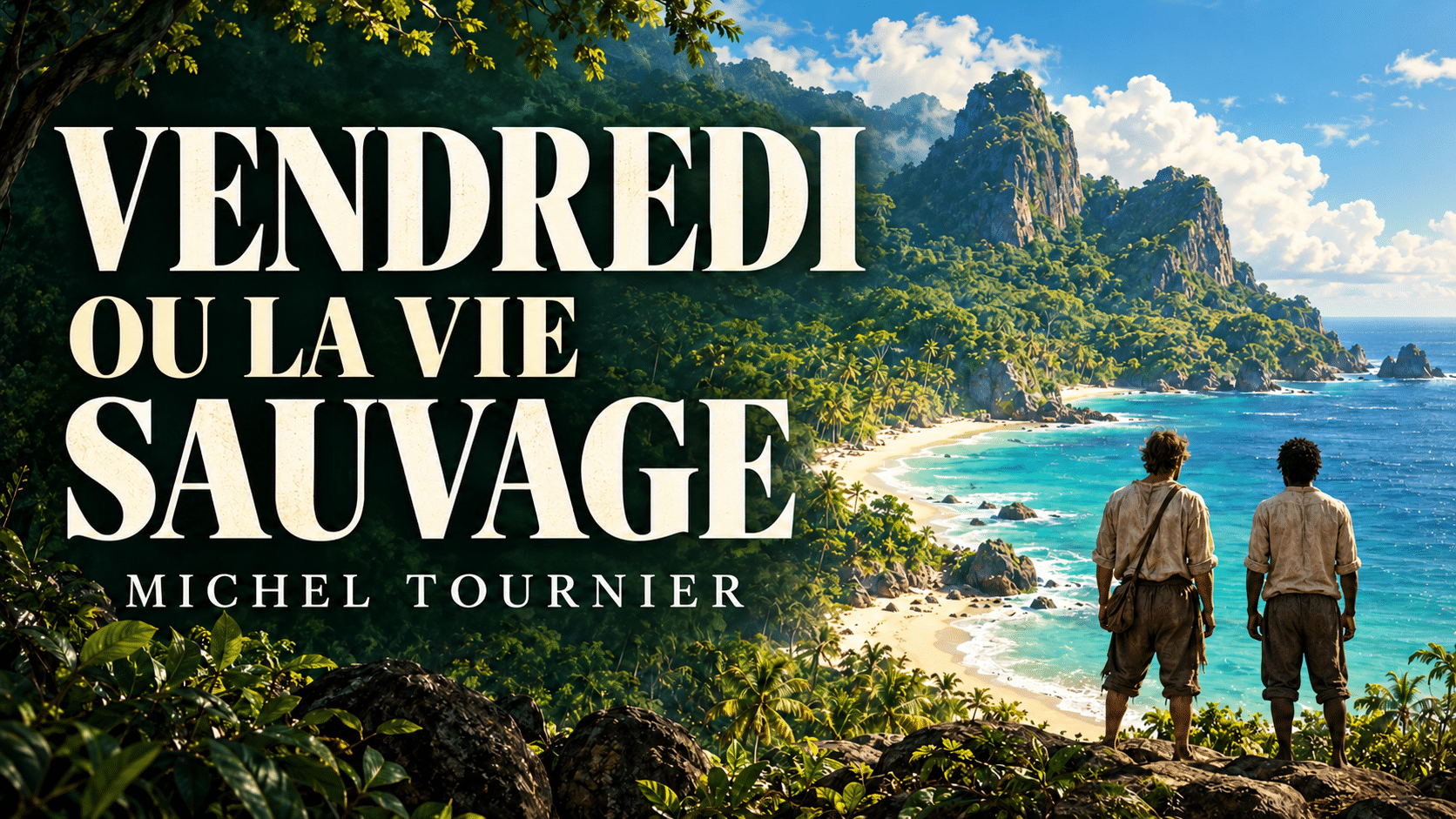 Vendredi ou la vie sauvage, de Michel Tournier : deux compagnons face à une île tropicale.