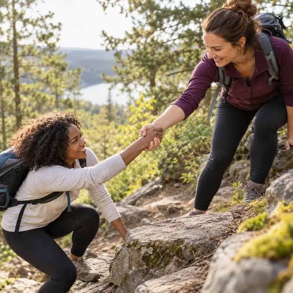 Une randonneuse tend la main pour aider une autre personne à franchir une petite marche.