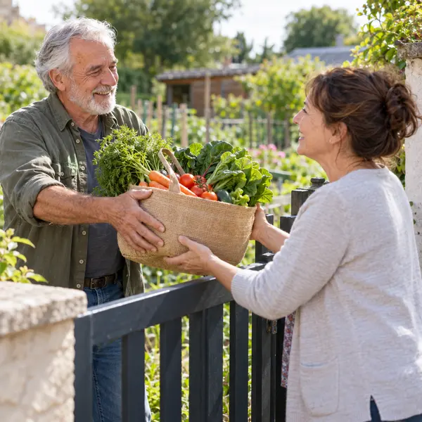 Un homme offre des légumes de son jardin à sa voisine.