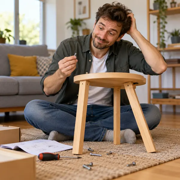 Un homme observe un petit meuble qu’il a assemblé de travers.