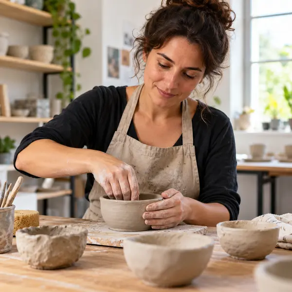Une personne débutante s’exerce à fabriquer de petits bols en poterie.